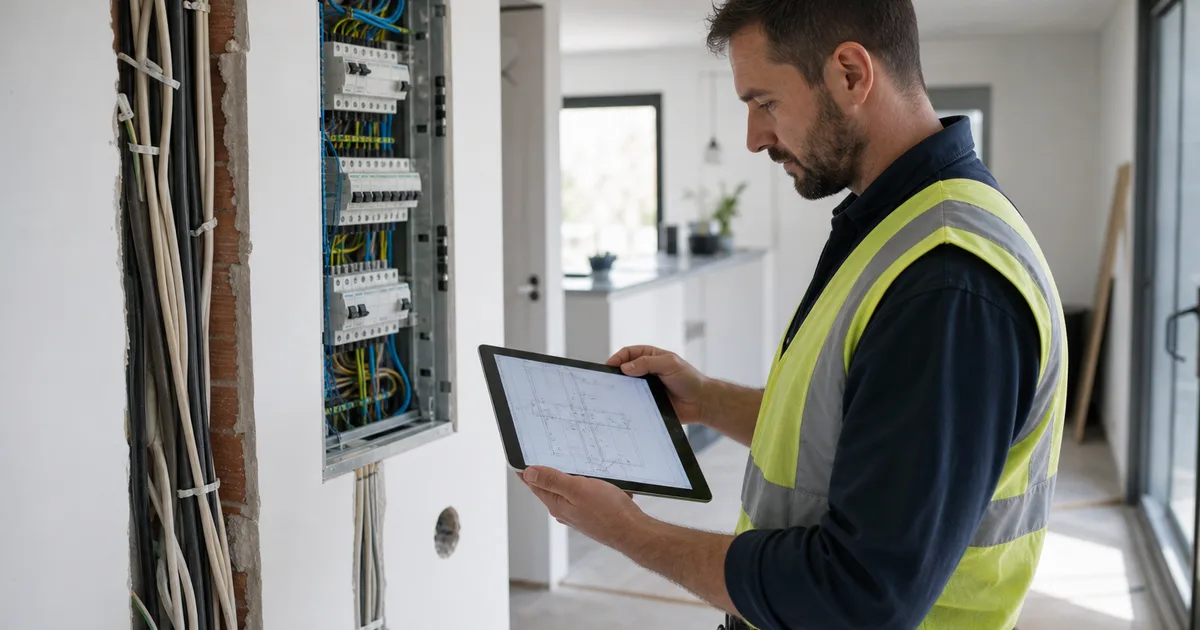 Elektrikár plánuje elektroinštaláciu v modernom európskom interiéri