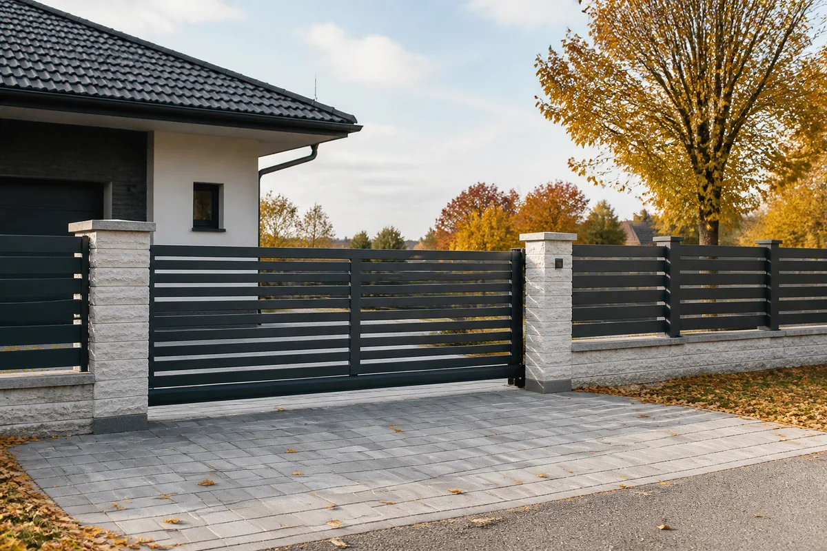 Moderná posuvná brána a plot pri vjazde k rodinnému domu na Slovensku