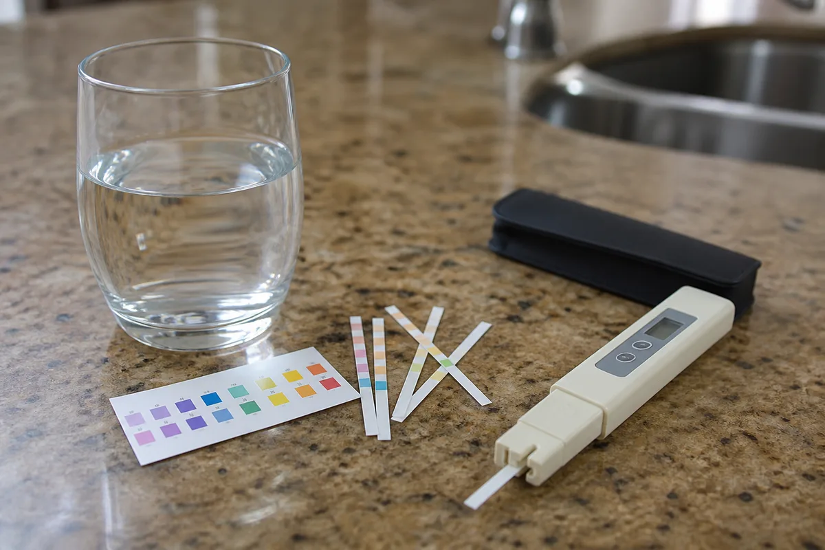 Domáci test kvality vody — testovacie prúžky a odber vzorky z kohútika