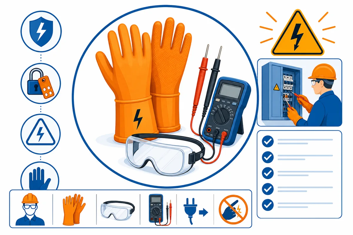 Infografika bezpečnosti pri práci s elektrinou — ochranné pomôcky a pravidlá