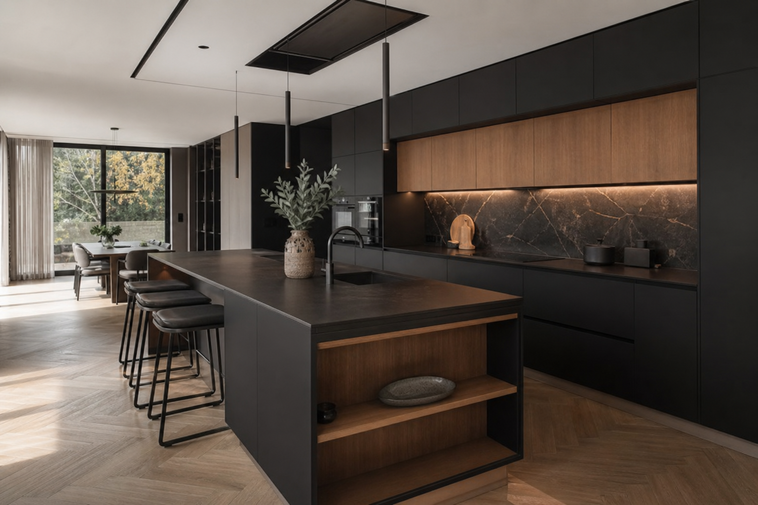 Luxusná moderná čierna kuchyňa s matnými skrinkami a dubovými detailmi