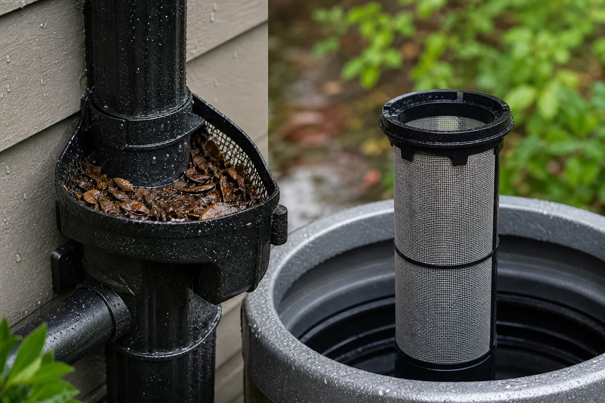Filter na zvodovej rúre a jemná filtrácia pred čerpadlom dažďovej vody