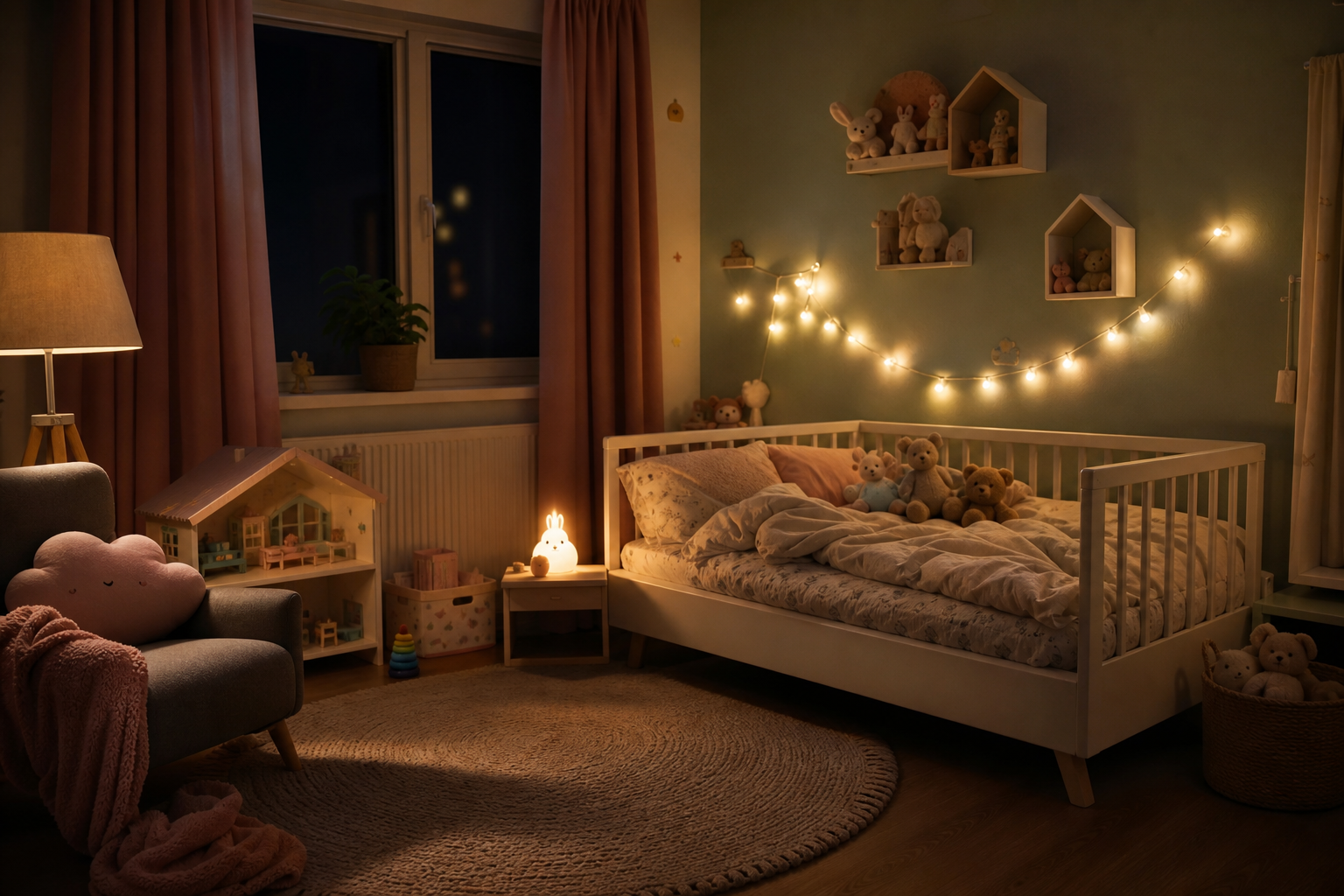 Večerné ambientné osvetlenie detskej izby s nočným svetlom a jemnými fairy lights
