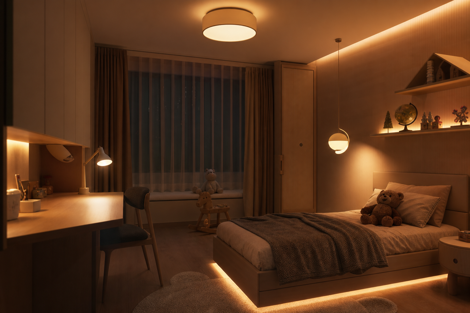 Vrstvené osvetlenie detskej izby — stropné svetlo, lampa pri posteli a ambientné LED