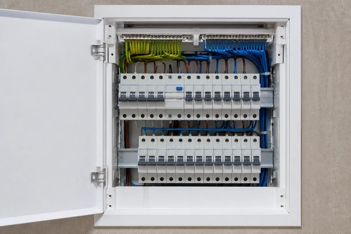 Moderný domáci elektrický rozvádzač s ističmi a prúdovými chráničmi
