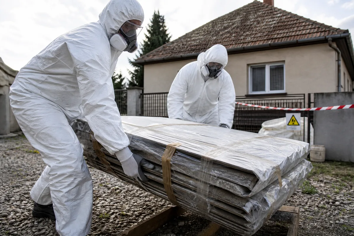 Pracovníci v ochranných oblekoch pri odbornej sanácii strešnej krytiny s azbestom
