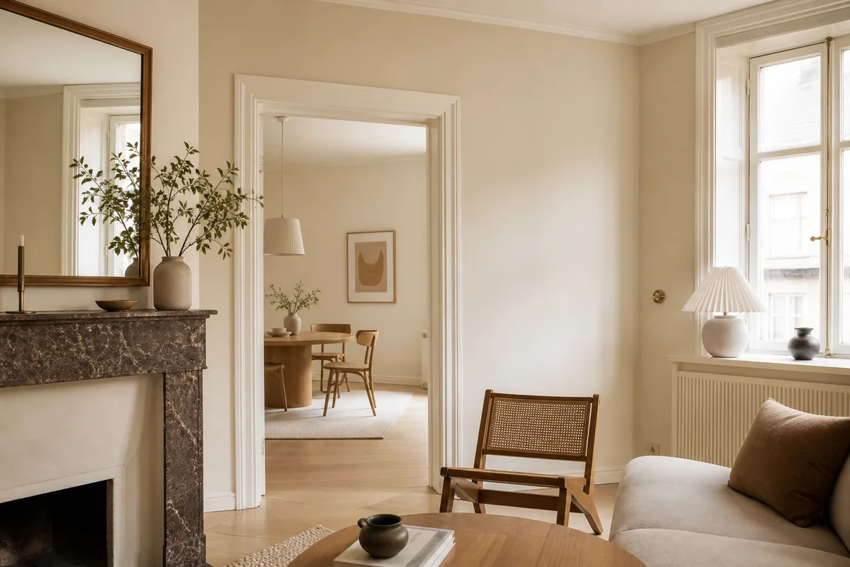Svetlý škandinávsky interiér s teplými off-white stenami, dubovou podlahou a minimalistickým nábytkom