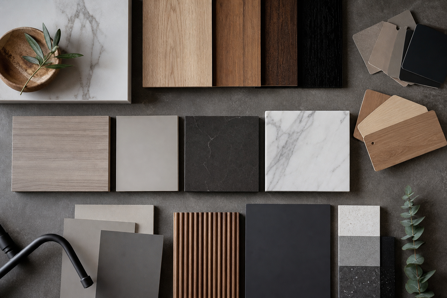 Vzorky materiálov na kuchynské skrinky — drevo, laminát, MDF a kompakt
