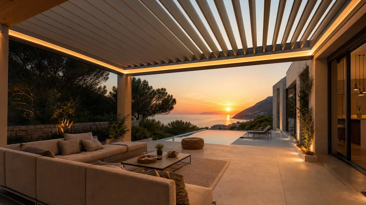 Bioklimatická pergola s otáčateľnými hliníkovými lamelami a integrovaným LED osvetlením na luxusnej terase