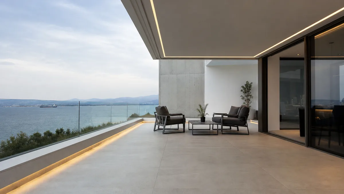 Minimalistická terasa so skleneným zábradlím a panoramatickým výhľadom, čisté línie modernej architektúry