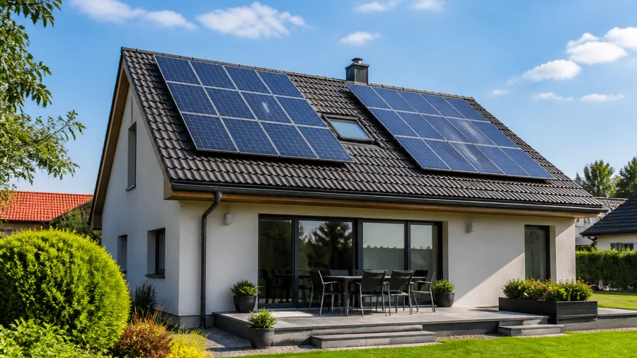 Slnečný deň a rodinný dom so solárnymi panelmi vyrábajúcimi elektrinu