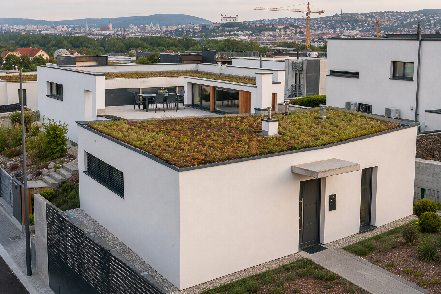 Plochá zelená strecha na modernom dome