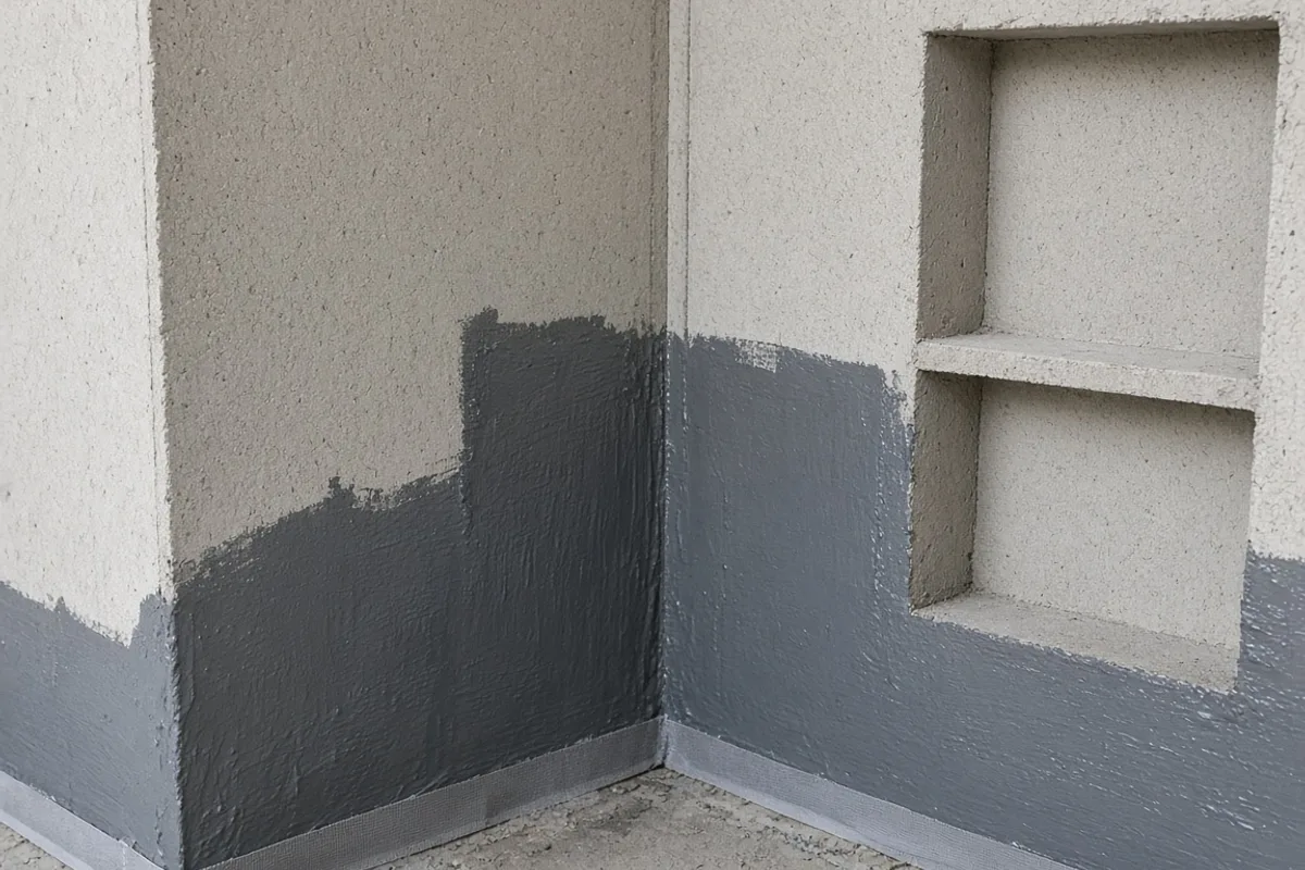 Hydroizolačná stierka a tesniaca páska v kúte sprchovej zóny pred obkladom