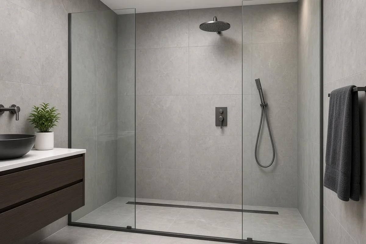 Walk-in sprchový kút so sklenenými dverami a lineárnym odtokom