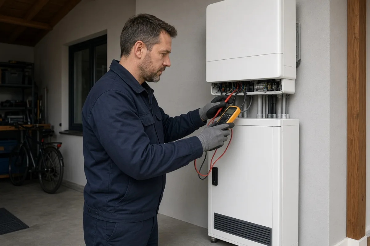 Elektrikár kontroluje hybridný menič a batériový kabinet pri montáži