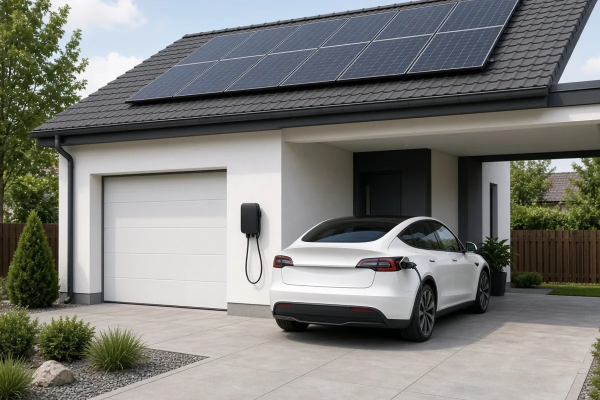 Elektromobil sa nabíja pri rodinnom dome so solárnymi panelmi na streche