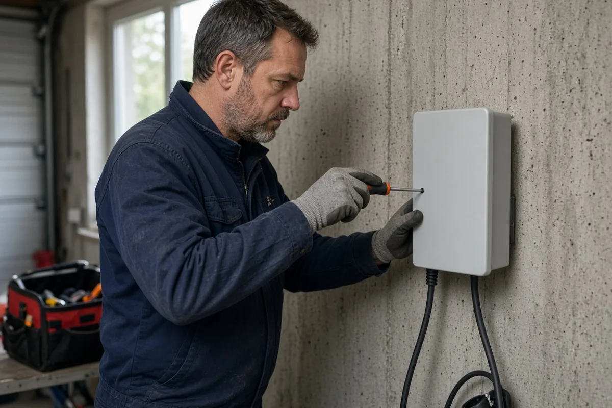 Elektrikár montuje nástennú nabíjaciu stanicu v garáži