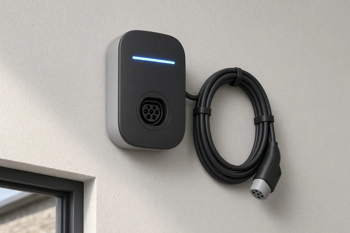 Nástenný wallbox s káblom Type 2 na stene garáže