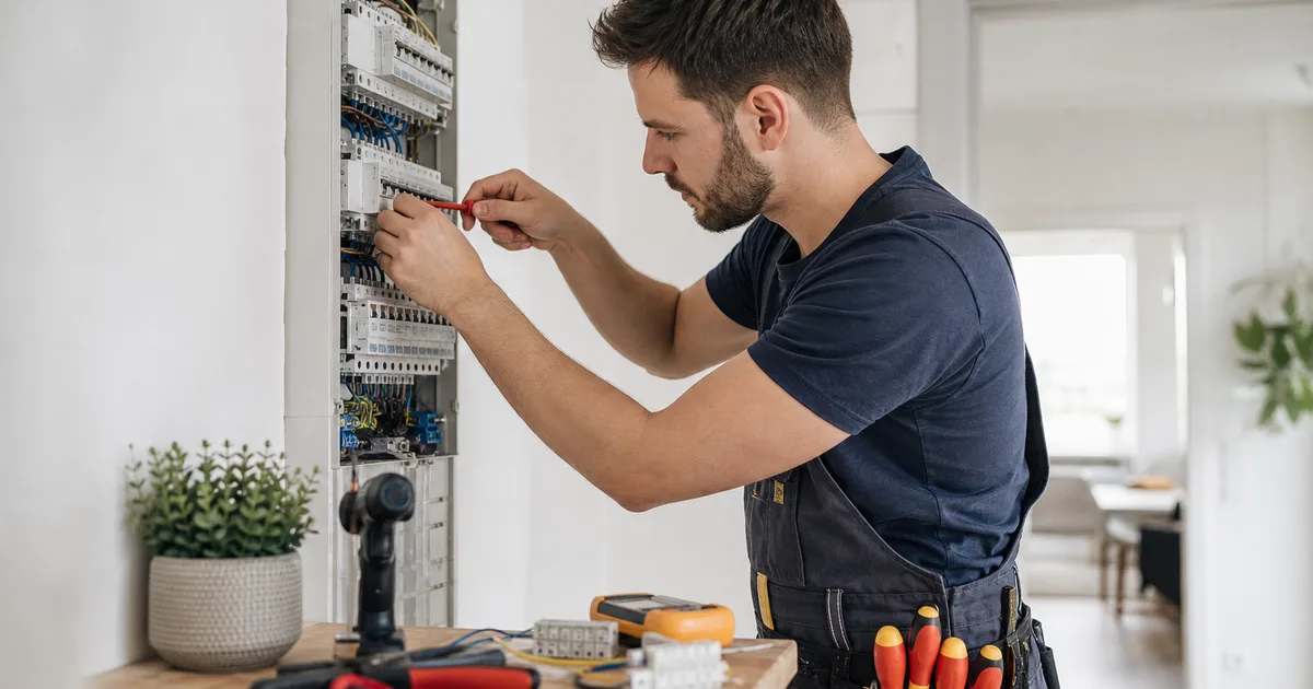 Elektrikár pracuje na domácej elektroinštalácii v európskom rodinnom dome
