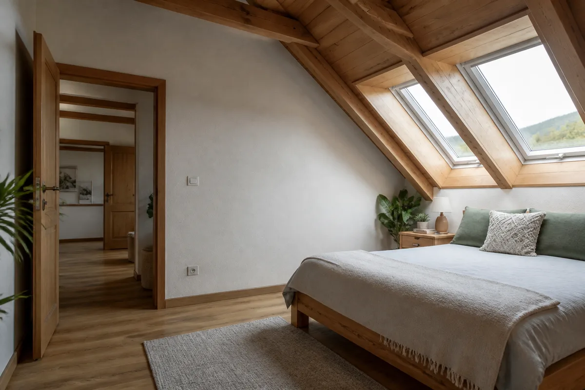 Hotová podkrovná spálňa so strešnými oknami v rodinnom dome