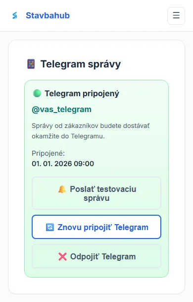 Blok Telegram správy v dashboarde Stavbahub
