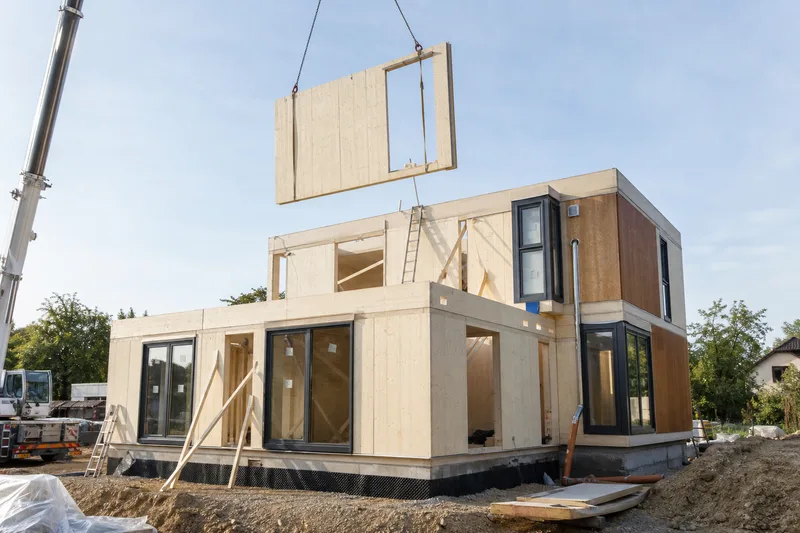 Montovaný dom z prefabrikovaných panelov vo fáze výstavby