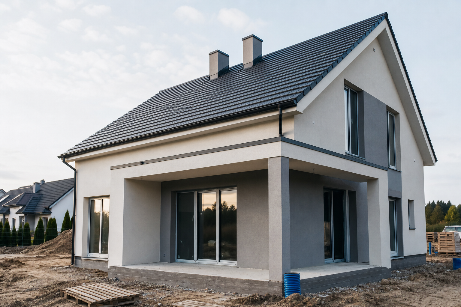 Dokončená hrubá stavba rodinného domu so strechou v modernom európskom štýle